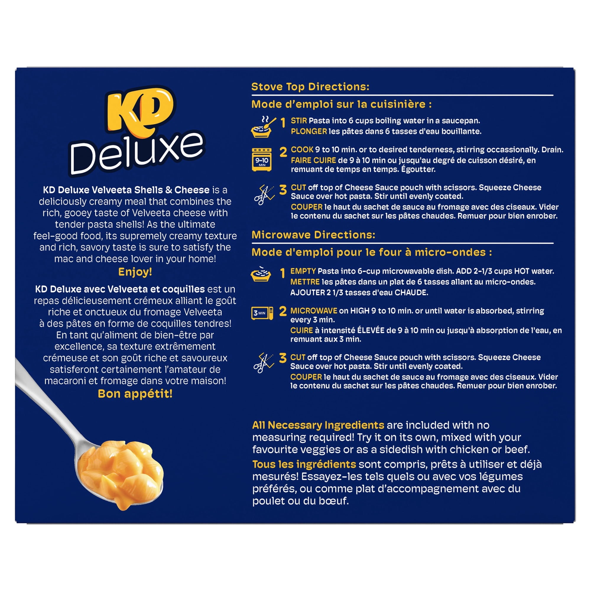 KD Kraft Dinner Deluxe Velveeta On Shells, Rich And Creamy Mac & Cheese, 350g/12.3 oz., back of box.