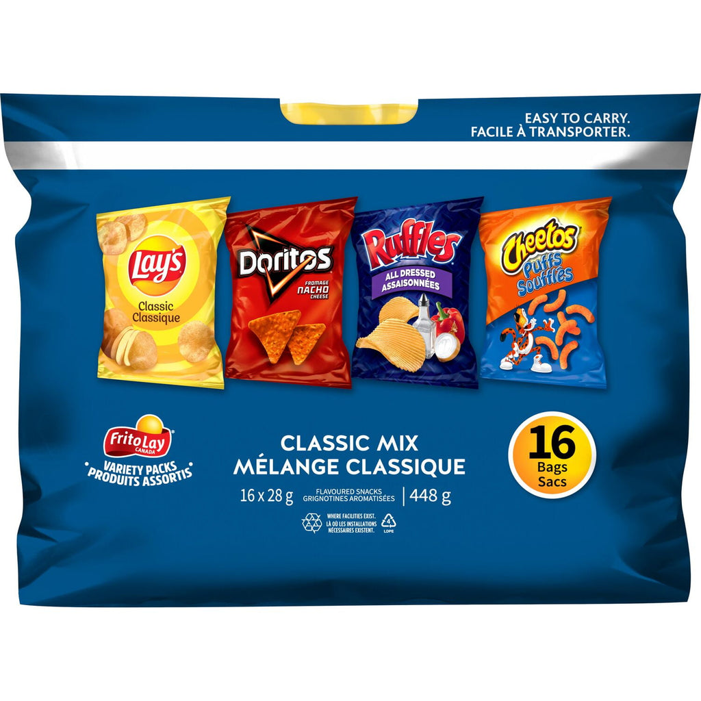 Frito-Lay Classic Variety Pack, Lays, Ruffles, Doritos, Cheetos Chips (16ct x 28g), 448g/15.8oz., Pack