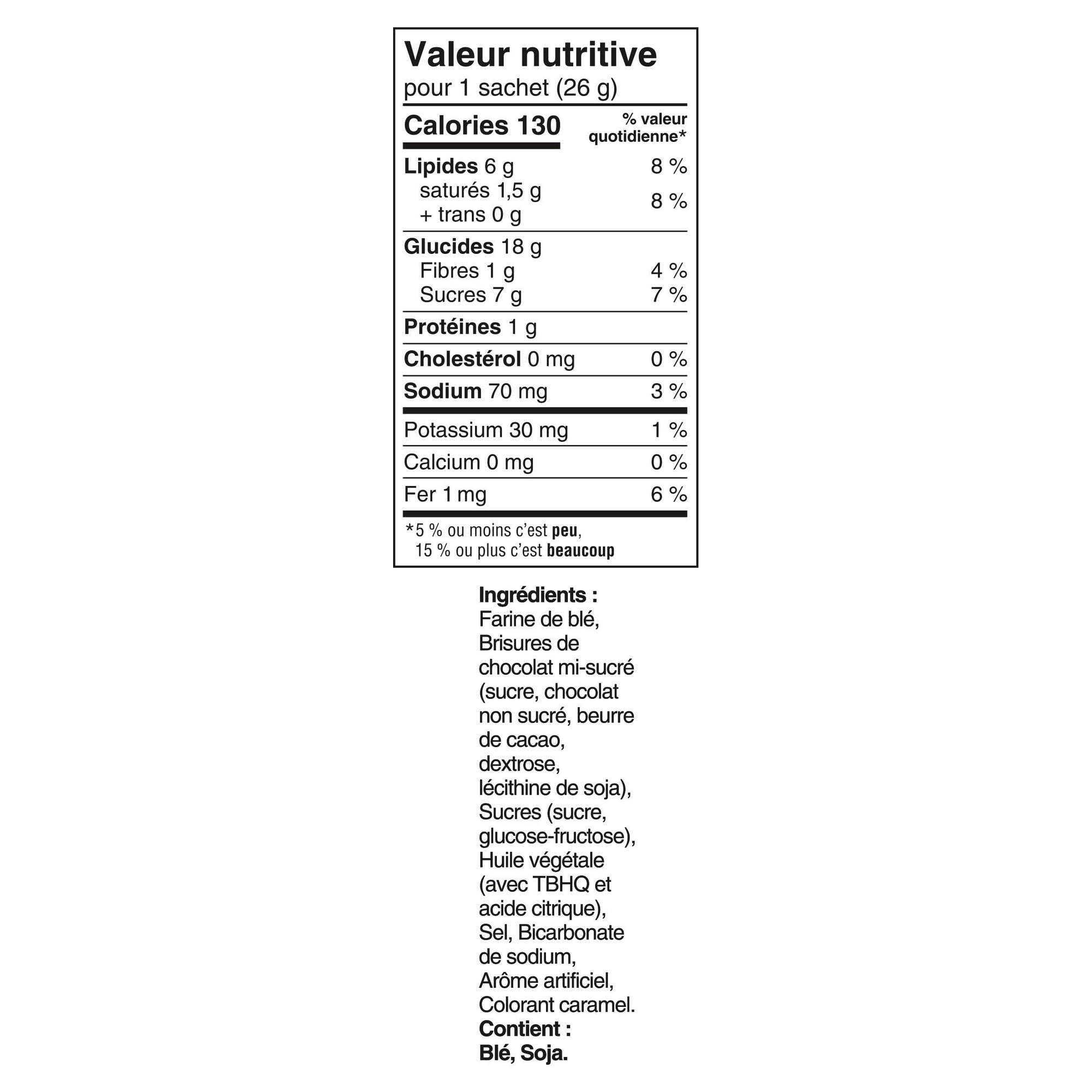 Nutrition facts  and ingredients label of Chips Ahoy! Mini Chocolate Chip Cookie Snack Packs - 156g/5.5 oz on a white background in French