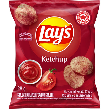 Frito-Lay Chips Variety Pack, Flavor Mix, Lays Ketchup, Doritos Original, Ruffles BBQ, Cheetos Crunchy, Smartfood White Cheddar (16ct x 28g), 448g, front of Lay's ketchup bag, 28g.