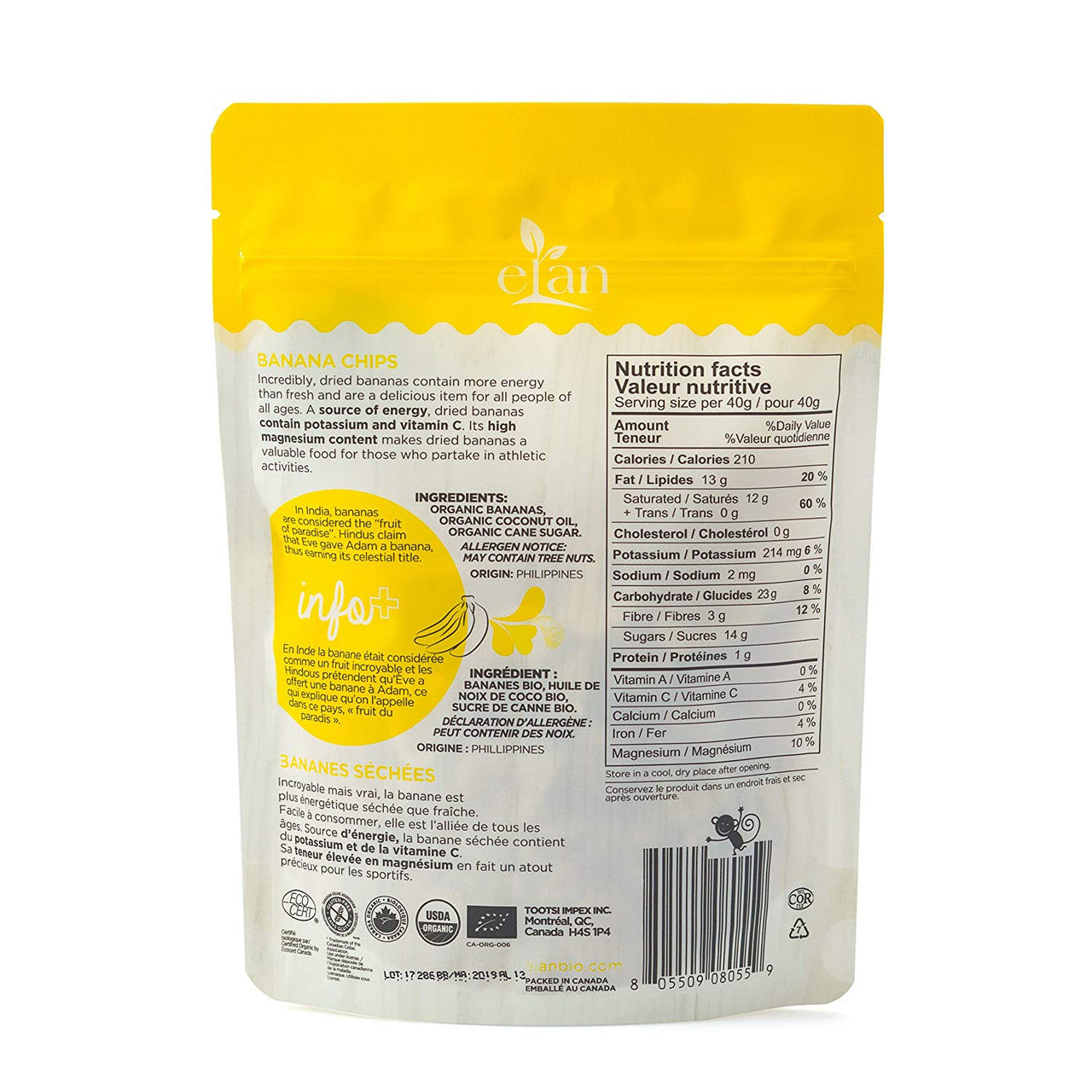 Elan Organic Banana Chips, 135g/4.8oz., {Imported from Canada}