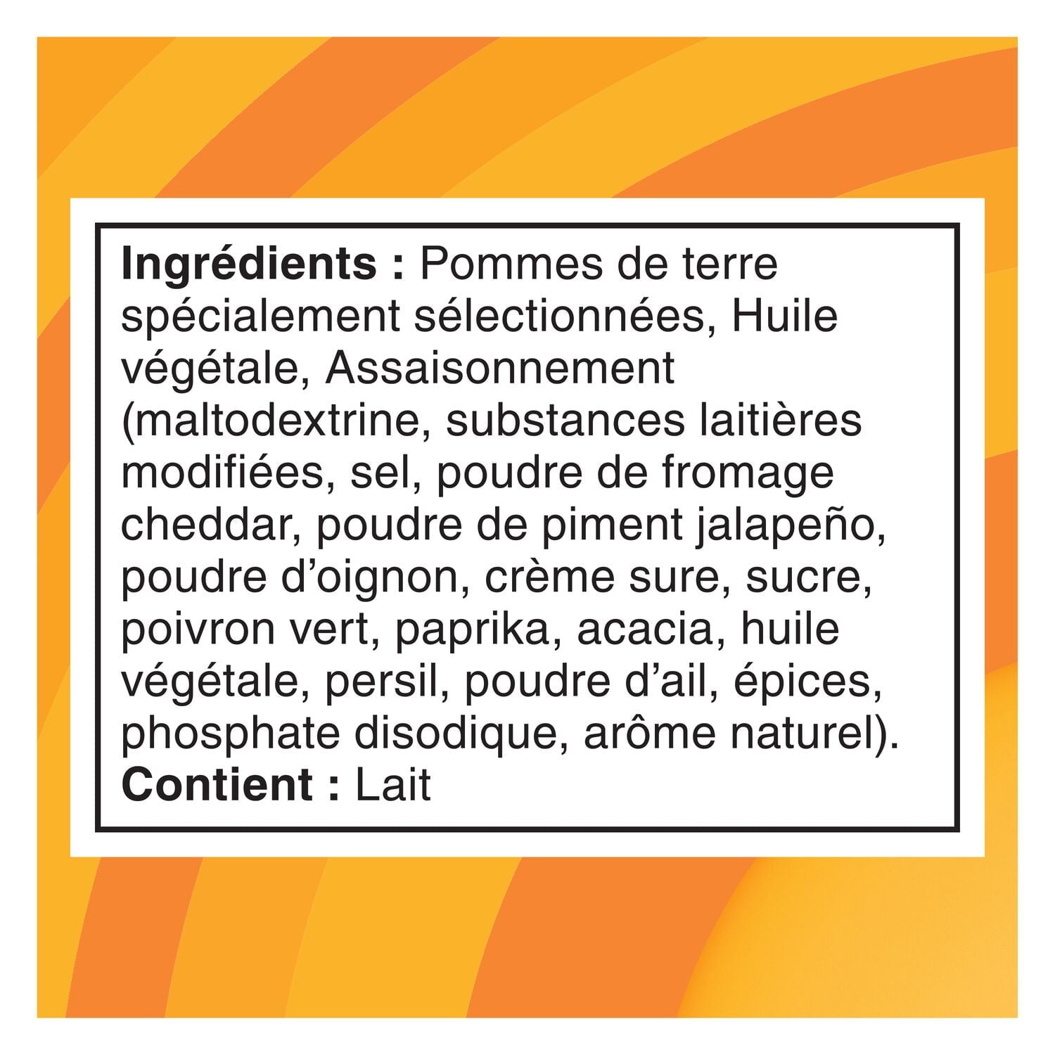 Ingredients list for Lay's Cheddar Jalapeno Potato Chips 220g/7.7 oz on a label with a yellow and orange striped border