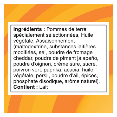Ingredients list for Lay's Cheddar Jalapeno Potato Chips 220g/7.7 oz on a label with a yellow and orange striped border