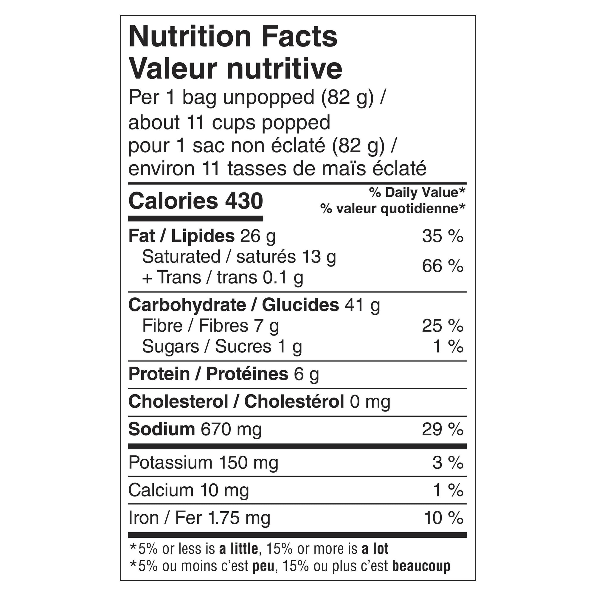 Orville Redenbacher Buttery Popcorn, Microwave Popping Corn Bags, 18pk, 1.47kg, nutrition facts label.