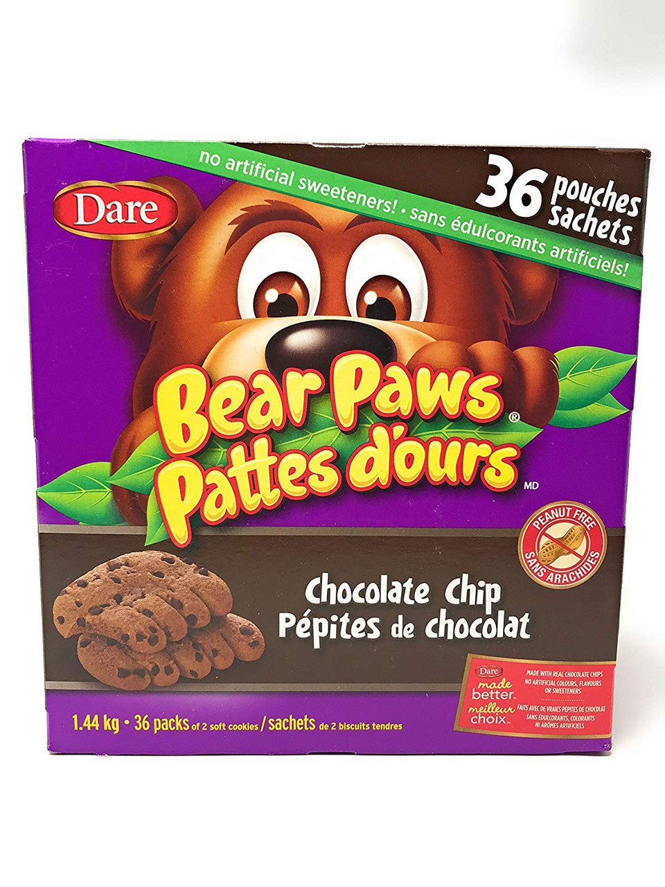 Dare Bear Paws Chocolate Chip Cookies, 36packs, 1.44kg/3.2lbs, (Imported from Canada)