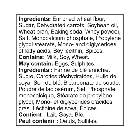 Ingredients label for Great Value Carrot Muffin Mix, Makes 24 Muffins - 900g on a white background