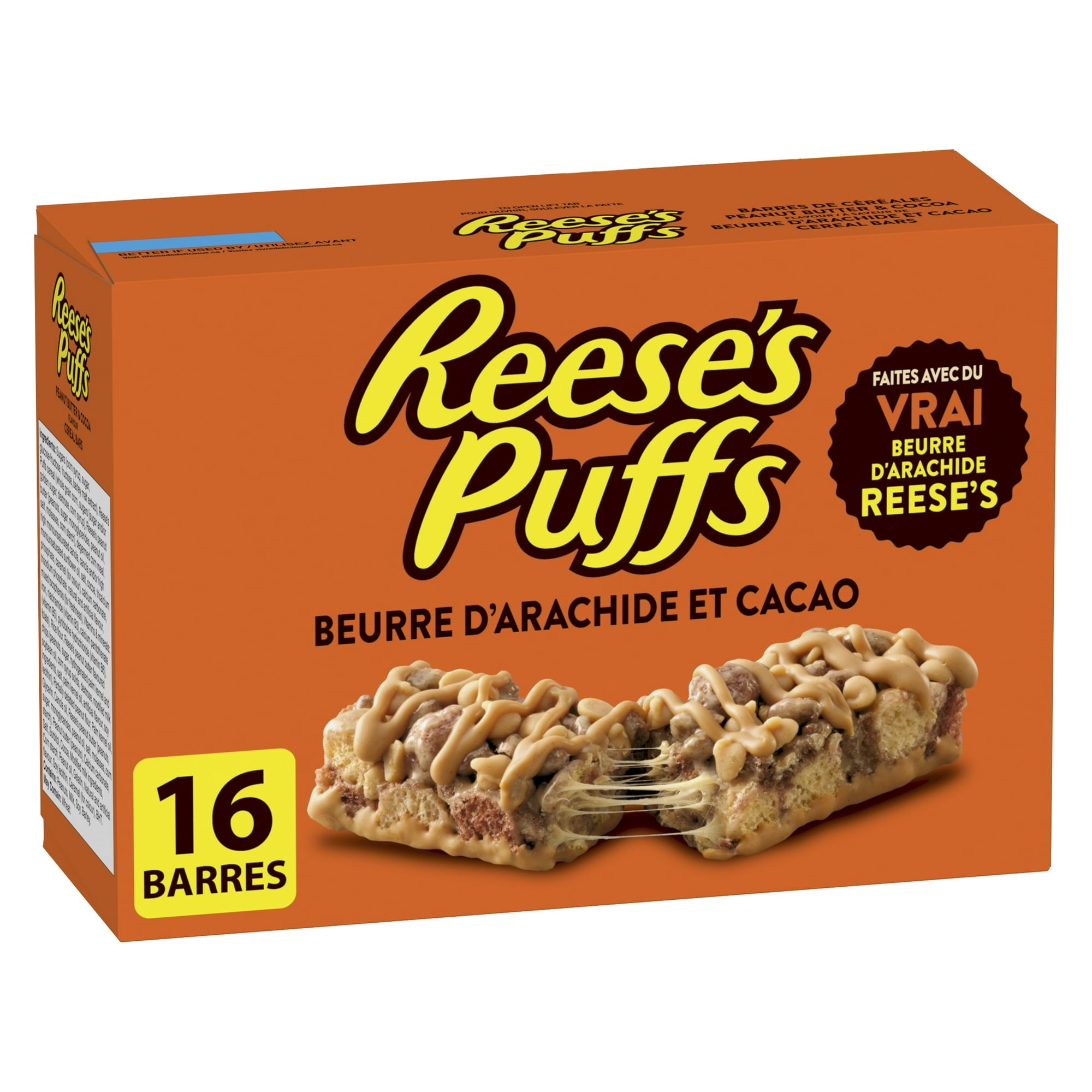 Reese's Puffs Peanut Butter & Cocoa Flavor Cereal Bars, Pack of 16 Bars, 385g/13.6 oz., Box, front of box