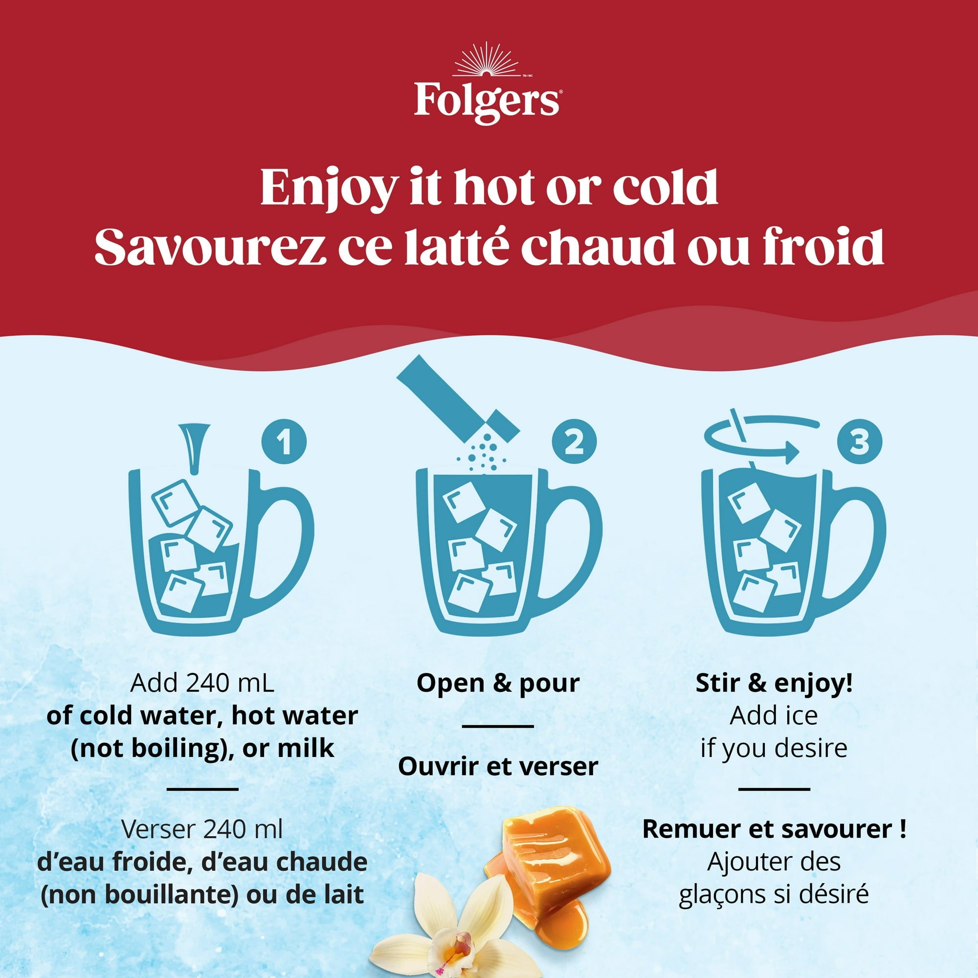 Folgers coffee latte preparation instructions with blue graphics on a red background