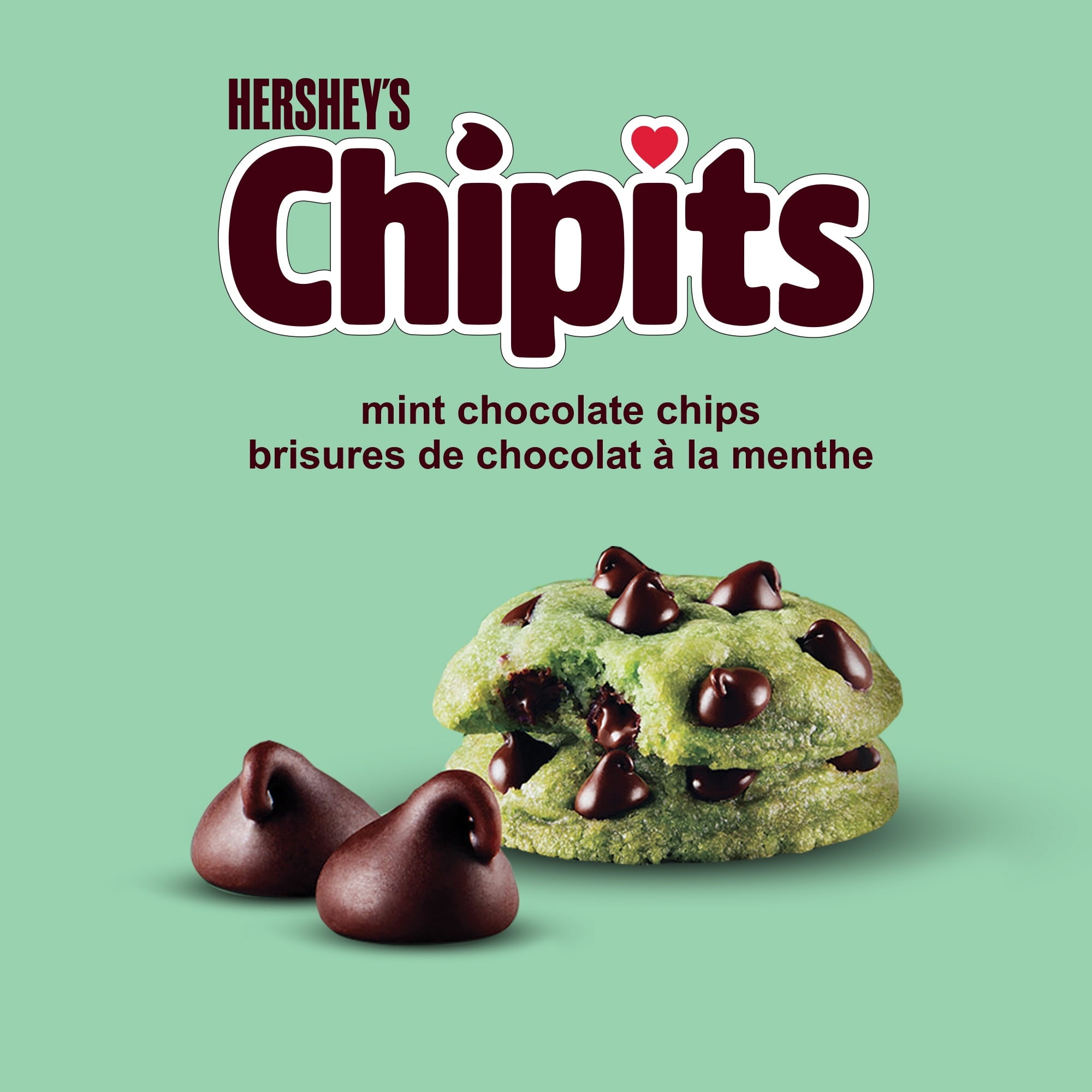 Hershey's Chipits mint chocolate chips on a green background with Hershey's logo.