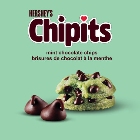 Hershey's Chipits mint chocolate chips on a green background with Hershey's logo.