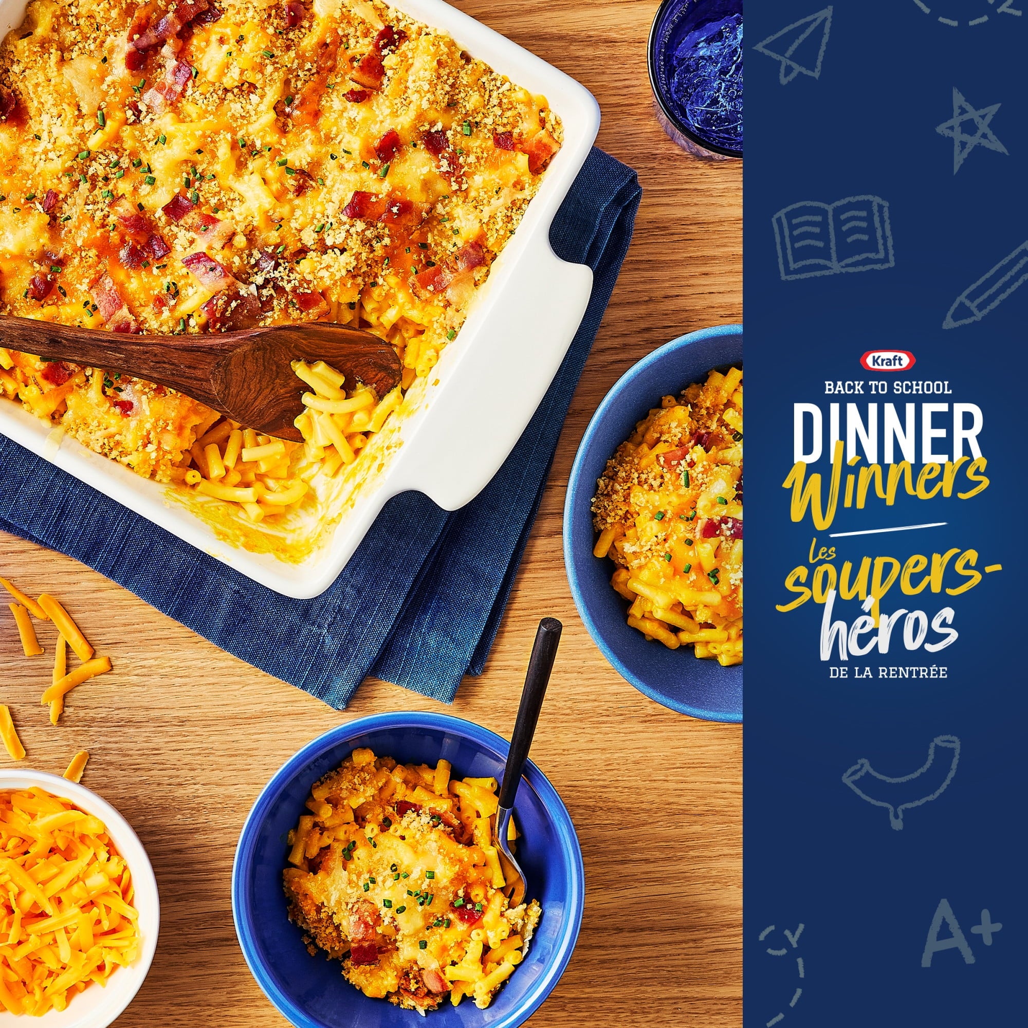 Cheesy pasta dish served in bowls with a 'Kraft Back to School Dinner Winners' label on the side.