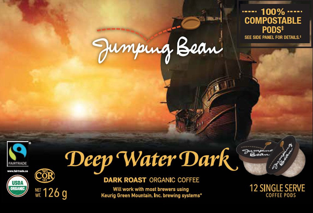 Jumping Bean Organic Single Serve Coffee Pods, Deep Water Dark Roast, 12ct. (6pk) {Imported from Canada}