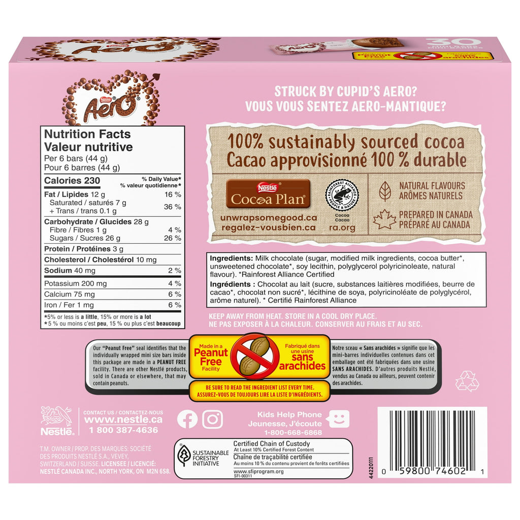 Nestle Aero Valentine's Day Milk Chocolate Mini Bars, 30ct., 219g/7.7 oz. - Back Of Box