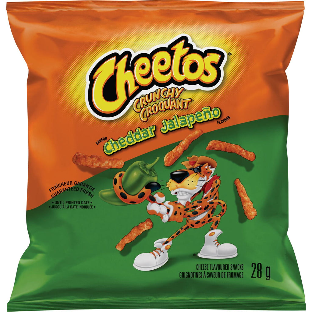 Frito-Lay Chips Variety Pack, Bold Mix, Cheddar Jalapeno, Sweet Chili Heat, and Flamin' Hot BBQ Chips, and Cheddar Jalapeno Cheetos (16ct x 28g),448g, front of Cheetos cheddar jalapeno bag.