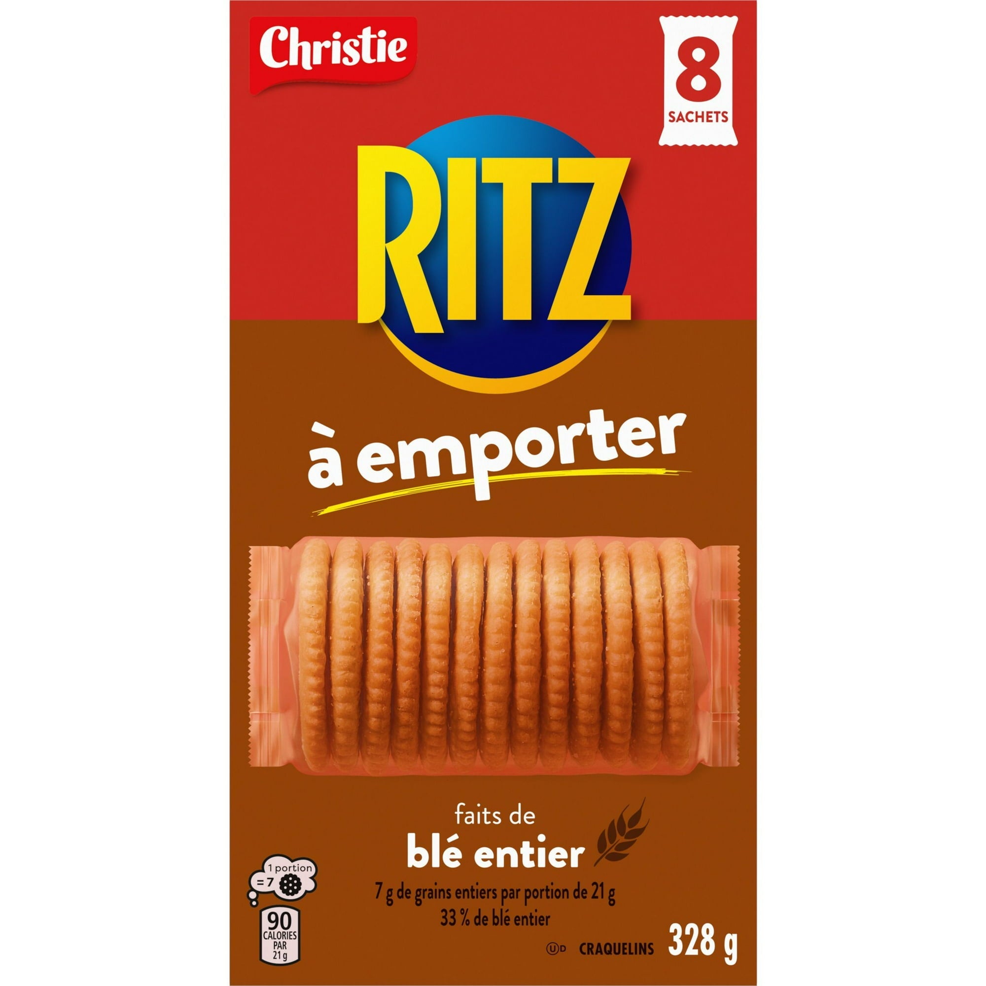 Ritz Whole Wheat crackers 328g packaging with red and brown design on a white background