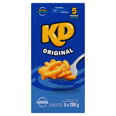 Box of KD Kraft Dinner Original Macaroni and Cheese, 5 Pack, 200g each, 1000g/35.2 oz with a blue background