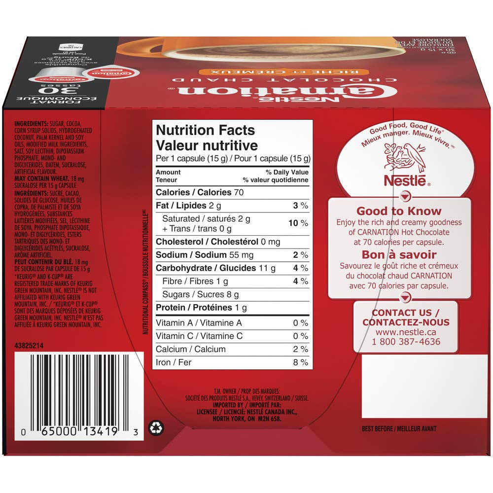 Nestle Carnation Rich and Creamy Hot Chocolate Keurig Compatible K-Cup Capsule Pods, 30 x 15g, 30 cups {Imported from Canada}