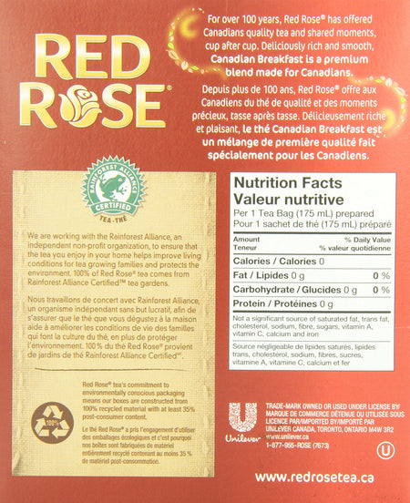 Red Rose Canadian Breakfast Tea - 60 Tea bags {Imported from Canada}