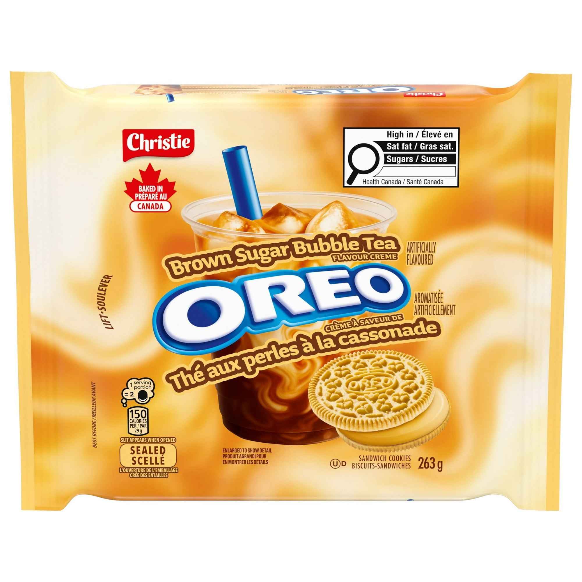Oreo Brown Sugar Bubble Tea Sandwich Cookies package with brown sugar bubble tea flavor on a white background