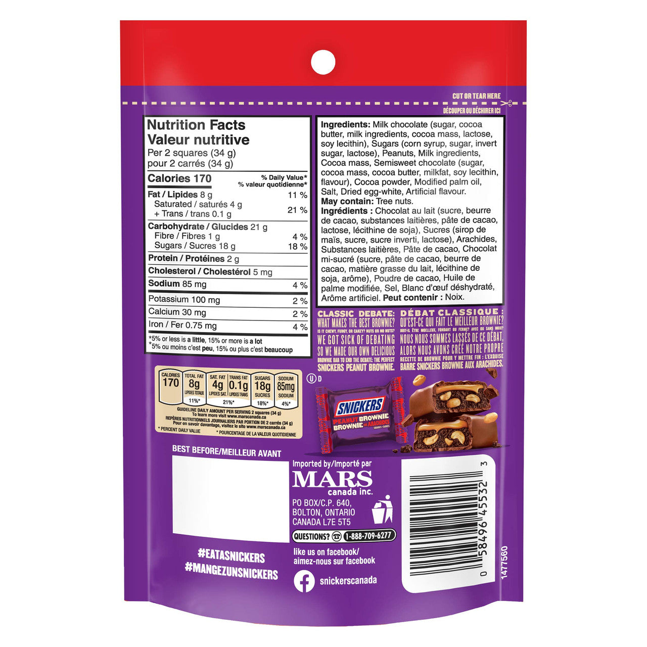 Snickers Peanut Brownie Caramel Chocolate Squares, Bag, 136g/4.8 oz., {Imported from Canada}