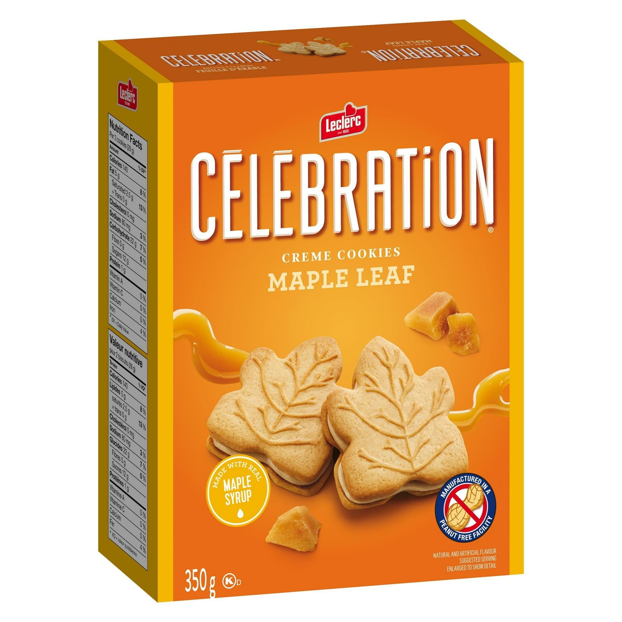 Box of Leclerc Celebration maple leaf cookies with orange background