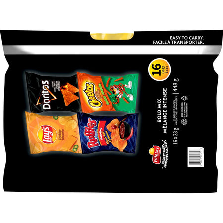 Frito-Lay Chips Variety Pack, Bold Mix, Cheddar Jalapeno, Sweet Chili Heat, and Flamin' Hot BBQ Chips, and Cheddar Jalapeno Cheetos (16ct x 28g),448g, back of pack with UPC.