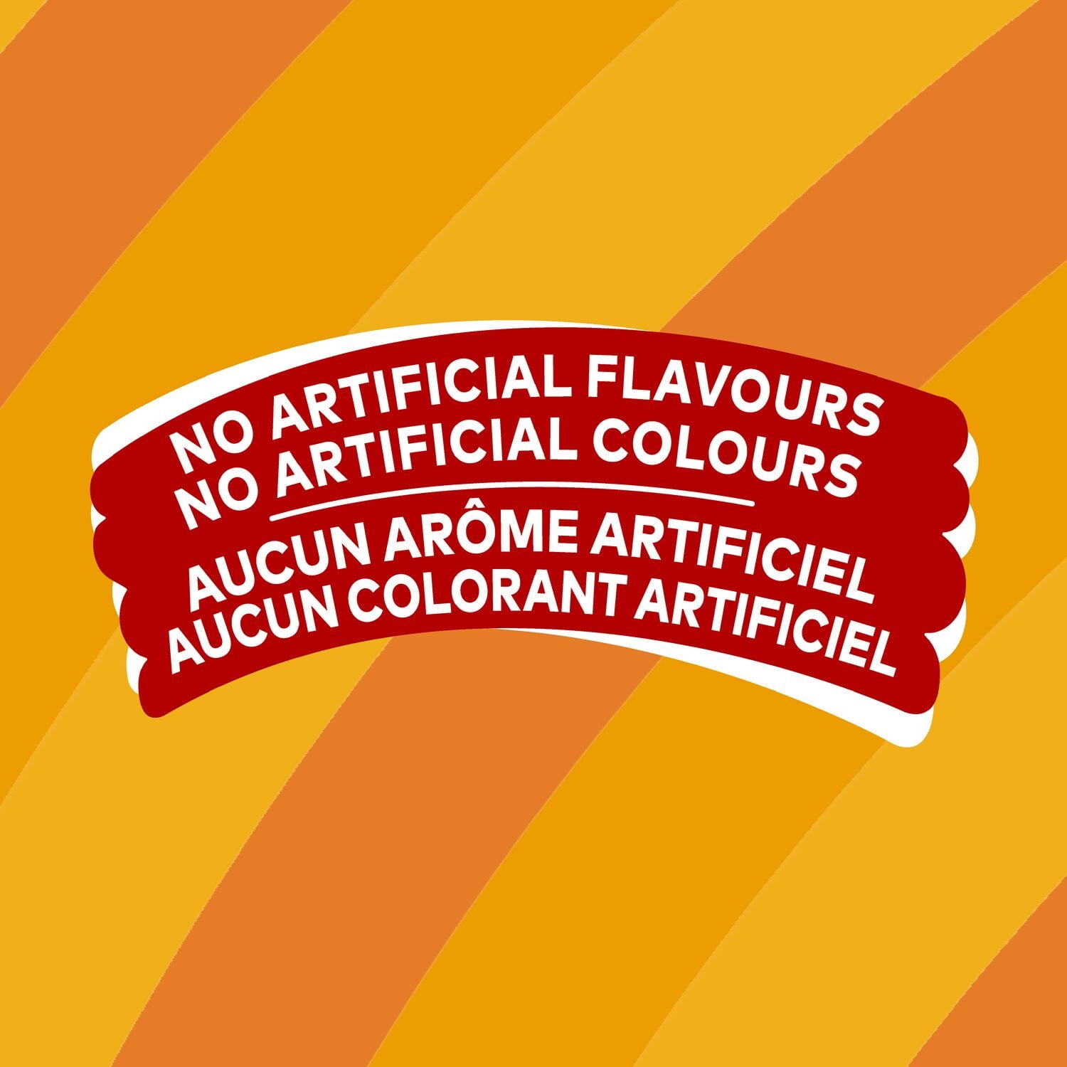 Red banner with white No artificial flavors or colors on an orange and yellow striped background