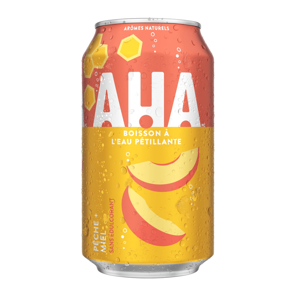AHA sparkling fruit drink can with peach and honeycomb design on a white background