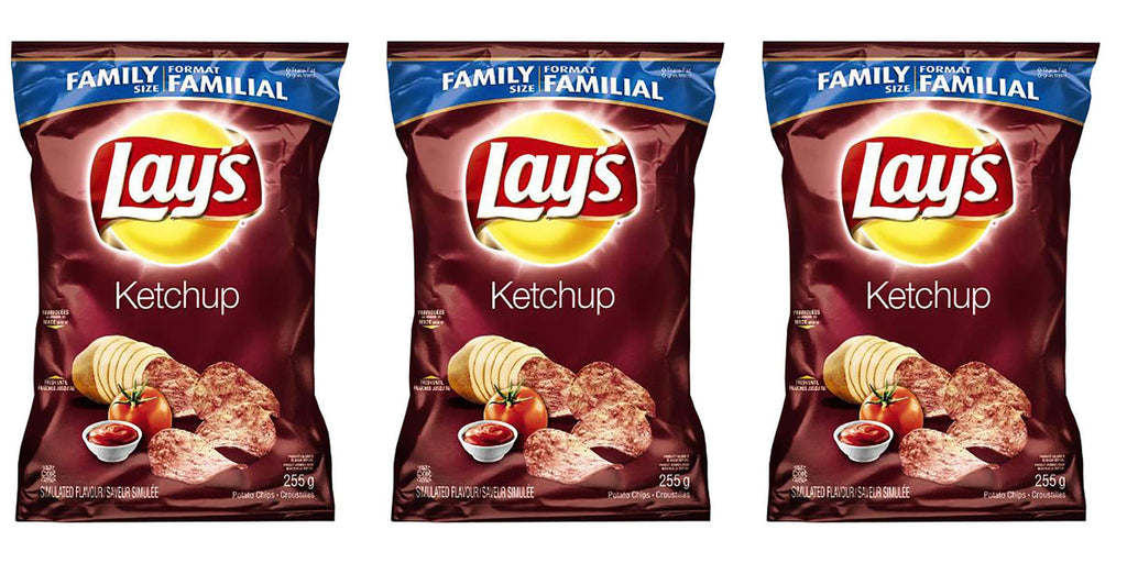 Lays Potato Chips, Ketchup, Large Family size 3-Pack {Imported from Canada}