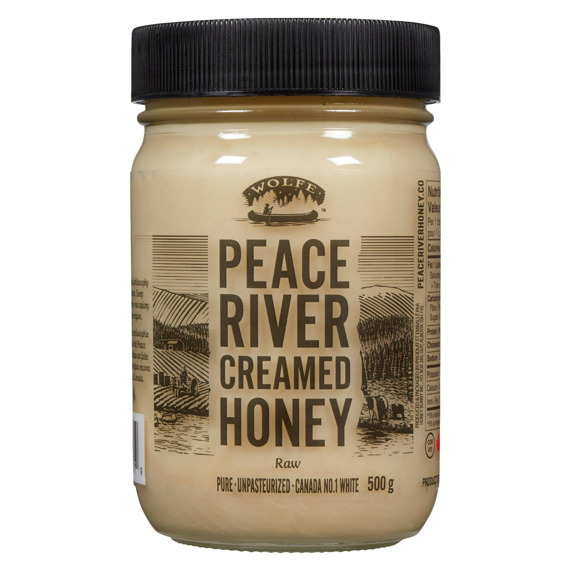 Peace River Unpasteurized Pure White Honey, 500g/17.6 oz., Jar, front of jar.