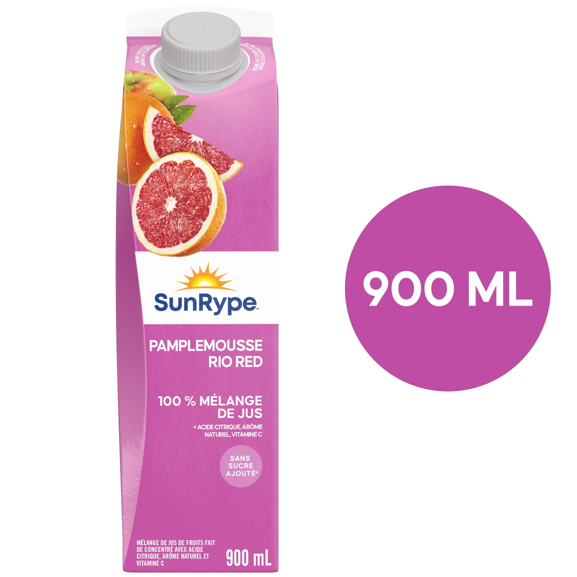 SunRype Fruit Juice, Rio Red Grapefruit, 900ml/30.4 fl. oz. Carton, back of carton