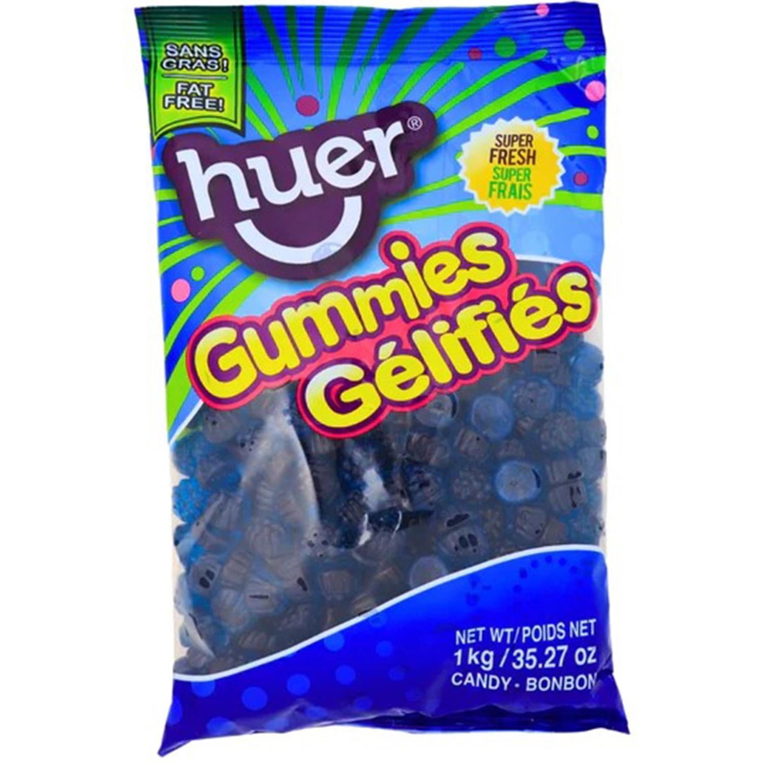 Huer Bulk Blue Razzberries Gummies, 1kg, front of bag.