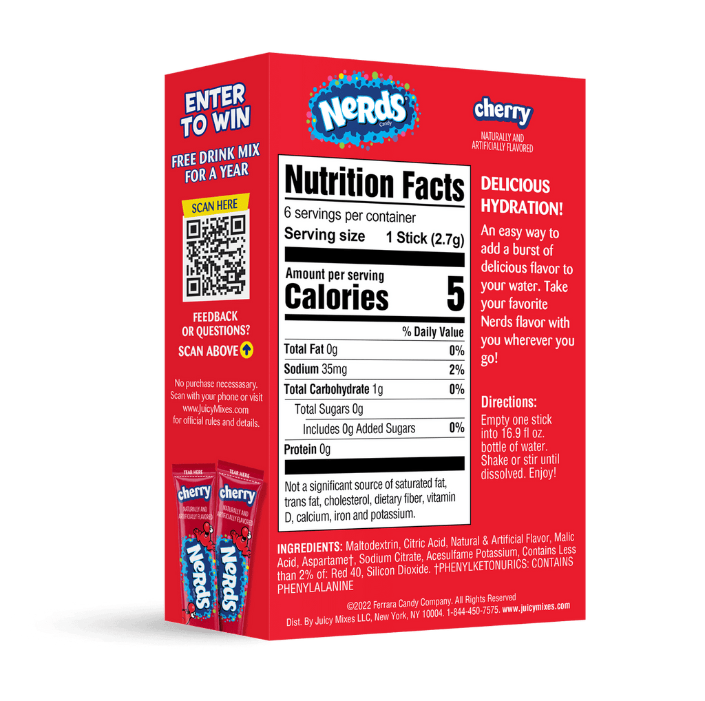 Nerds Zero Sugar Cherry Drink Mix, 6 packets, 16g/0.6 oz. Box {Imported from Canada}