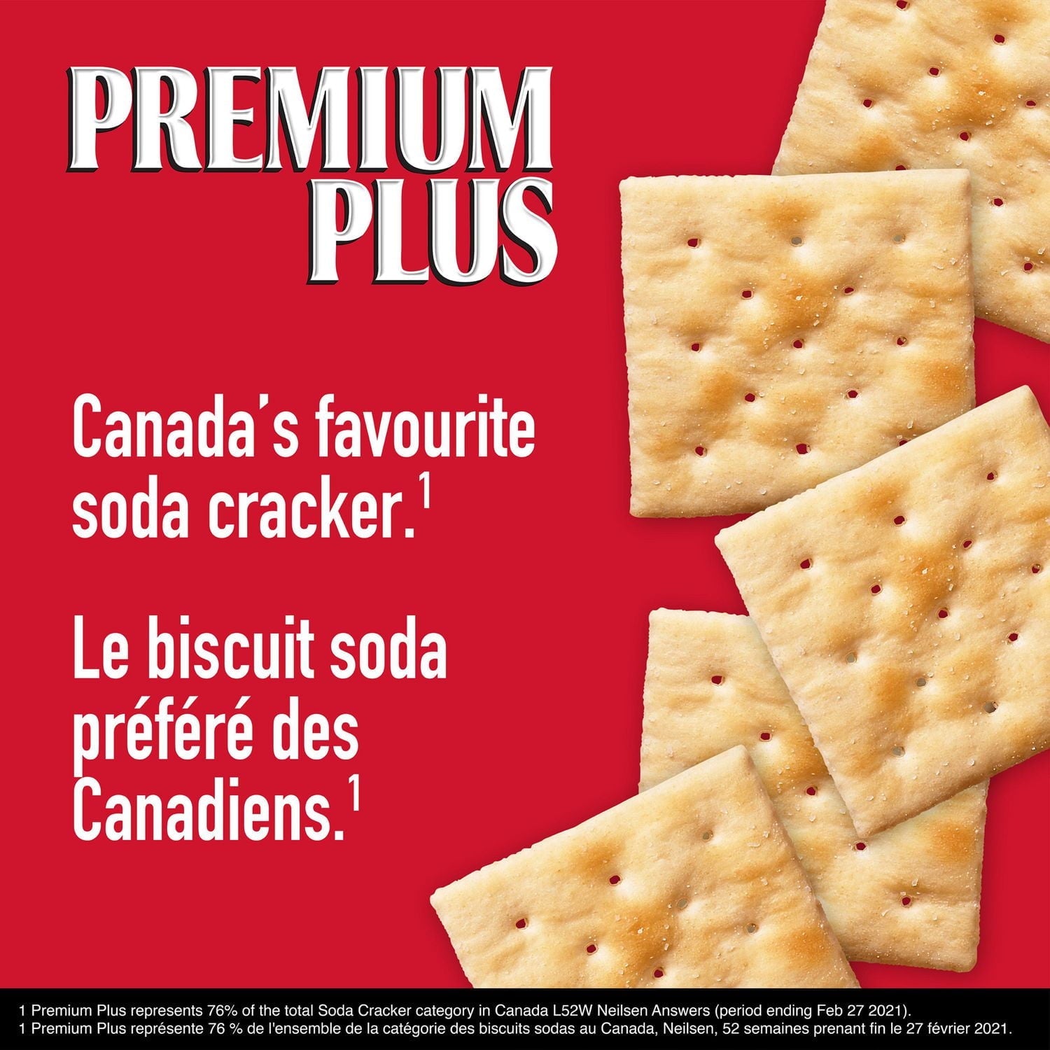 Premium Plus soda crackers on a red background with text claiming it's 'Canada's favourite soda cracker'.