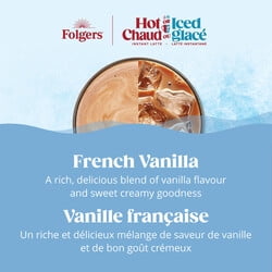 Promotional image for Folgers Hot Or Cold Instant Latte, French Vanilla Flavored, 4 Packets, 120g with a coffee cup and vanilla ice cream.