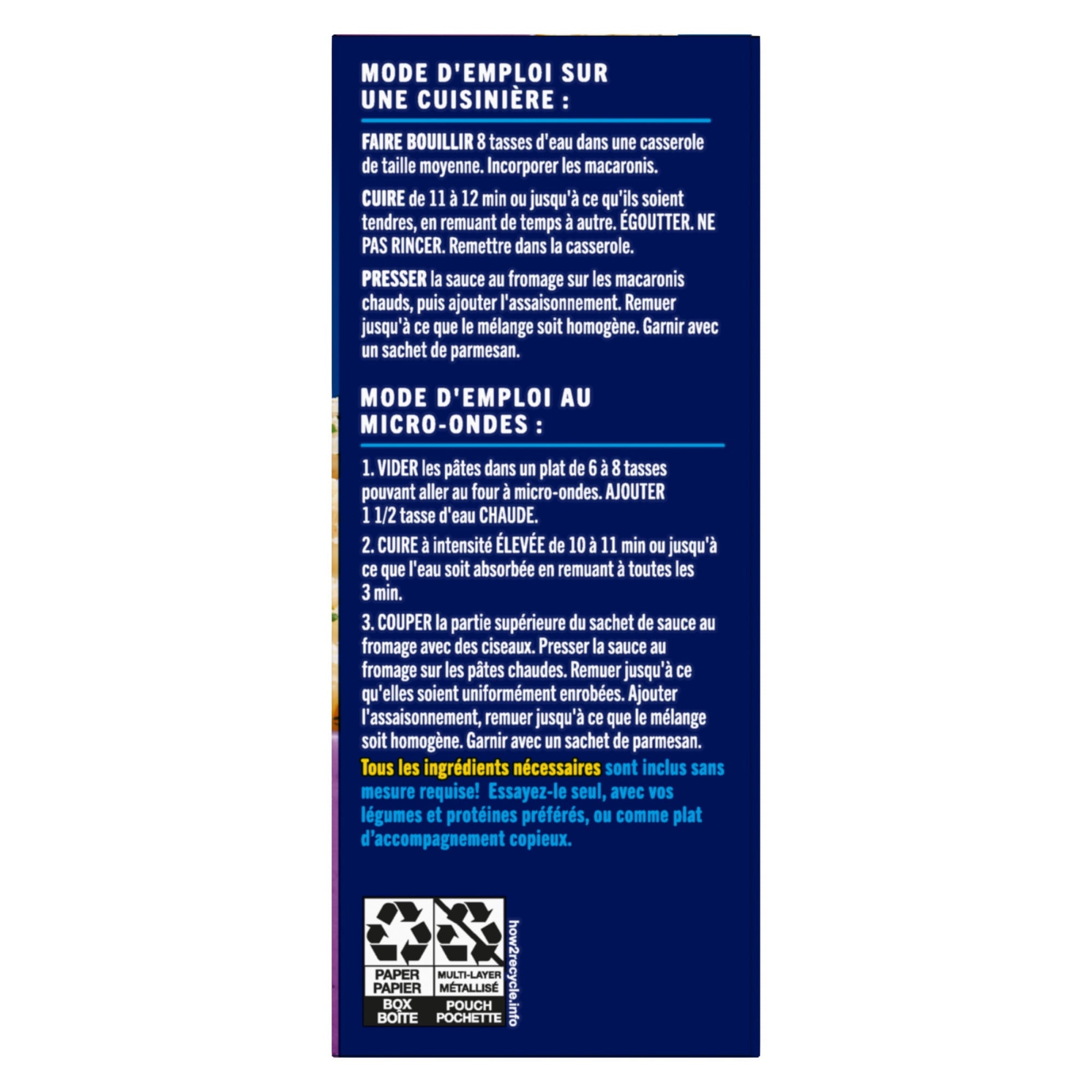 Instructions for using KD Kraft Dinner Deluxe CHEESY ROASTED GARLIC Mac & Cheese, 333g on a blue background