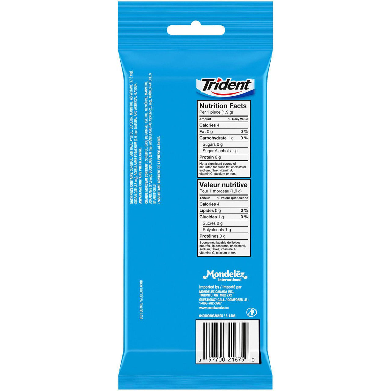 Trident Sugar-Free Gum, Peppermint Flavor, 3-pack x 14 pieces (42 total pieces) {Imported from Canada}