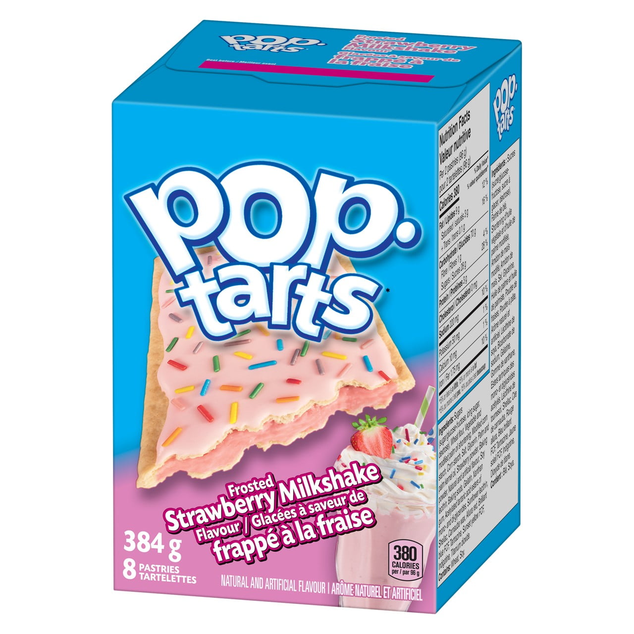 Kellogg's Pop-Tarts, Frosted Strawberry Milkshake Flavored, 8 pastries, 384g, side of box.
