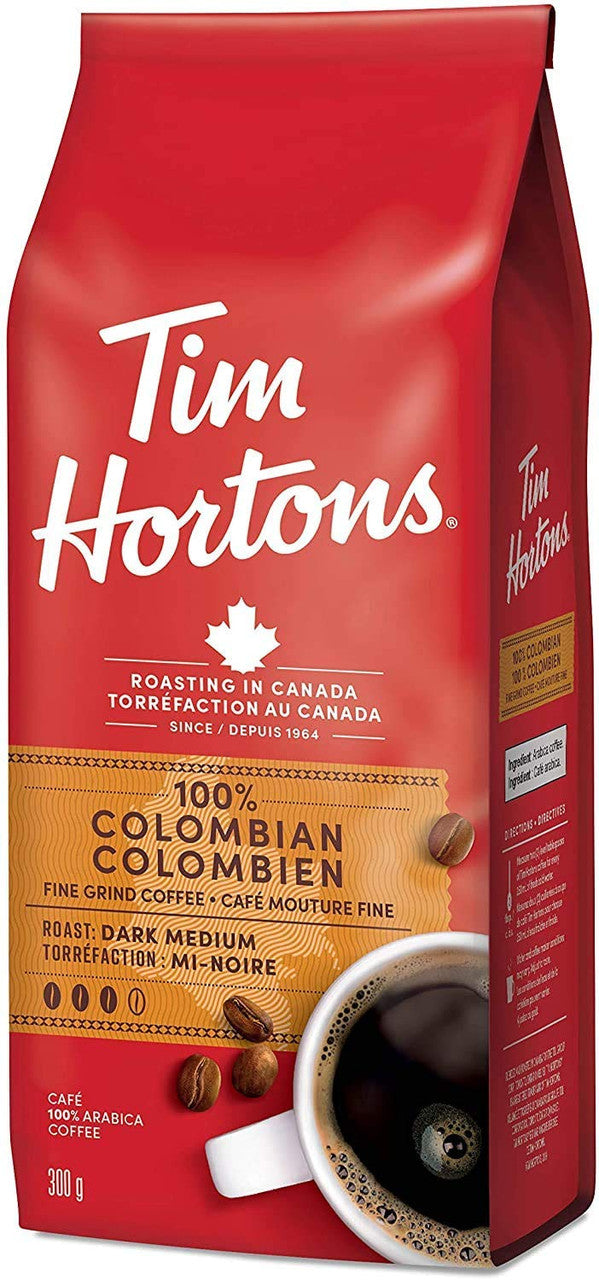 Tim Hortons Colombian, Fine Grind Coffee, Dark Medium Roast, 300g/10.6oz, 2-Pack {Imported from Canada}