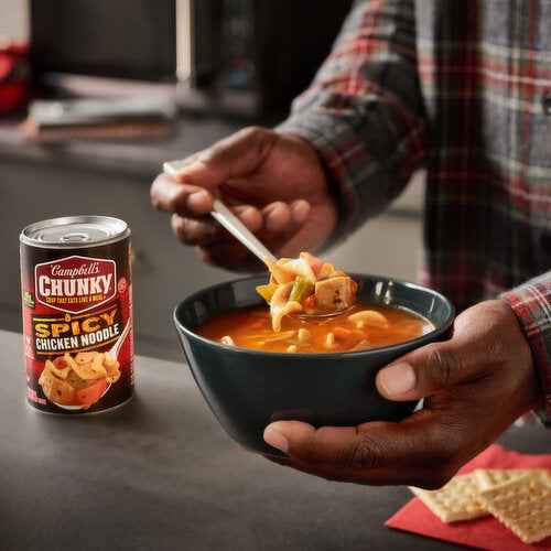 Campbell's Chunky Spicy Chicken Noodle Soup, 515ml, soup in a bowl.