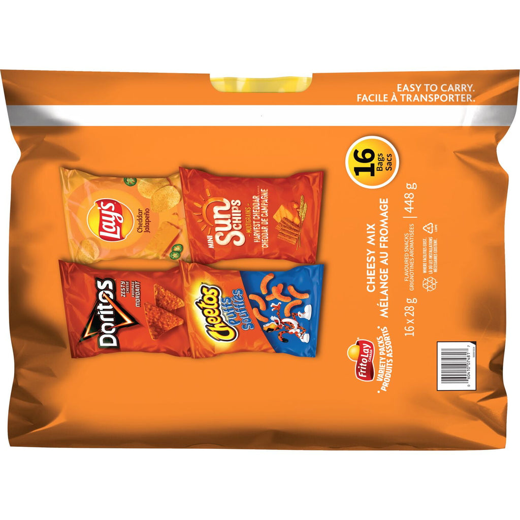 Frito-Lay Chips Variety Pack, Cheesy Mix, (Doritos Zesty Cheese, Lays Cheddar Jalapeno, Cheetos Cheese Puffs & Sun Chips Harvest Cheddar Flavors), (16ct x 28g), 448g, back of pack with UPC.