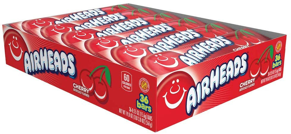 Airheads Candy Individually Wrapped Bars, Cherry, 0.55 Ounce (Bulk Pack of 36)