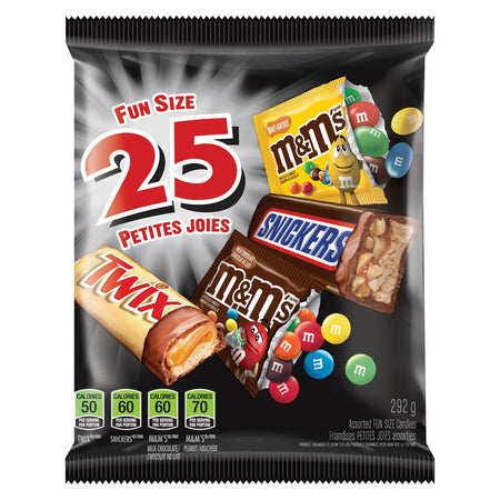 Front of Mars Fun-Size Chocolate Candies, Assorted Variety Pack includes Twix Bars, Snickers Bars, M&M's Chocolate Candy & M&M's Peanut Candy, 25ct., 292g/10.3 oz., Bag