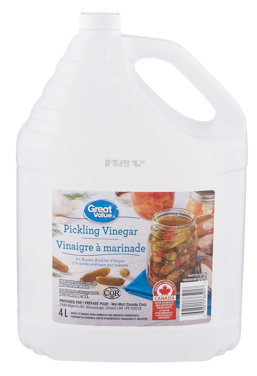 Great Value Pickling Vinegar, 4 Liters/1.06 Gallons, {Imported from Canada}