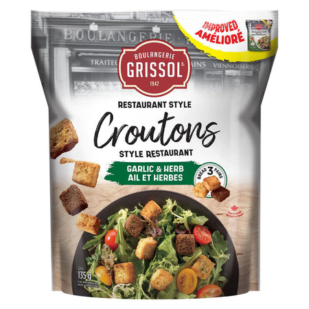 Boulangerie Grissol Croutons, Garlic & Herb 135g, front of bag.