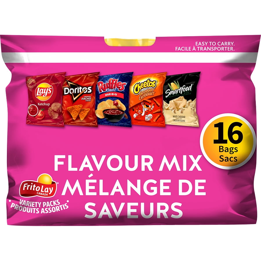 Frito-Lay Chips Variety Pack, Flavor Mix, Lays Ketchup, Doritos Original, Ruffles BBQ, Cheetos Crunchy, Smartfood White Cheddar (16ct x 28g), 448g, front of pack.