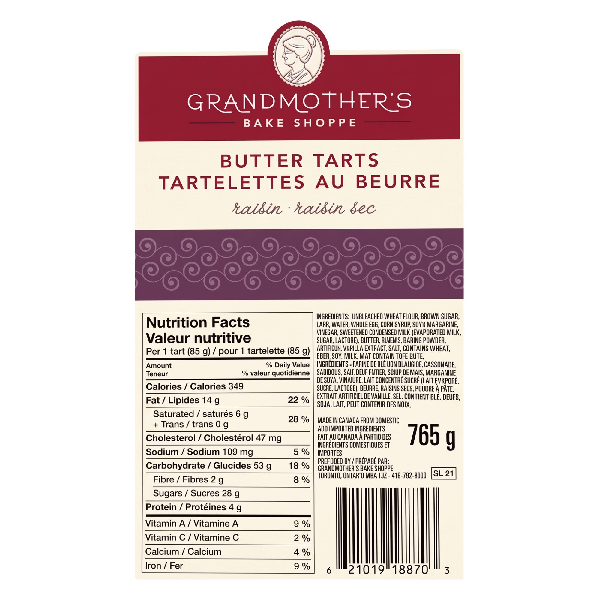 Grandmother's Bake Shoppe Raisin Butter Tarts nutrition facts label per serving