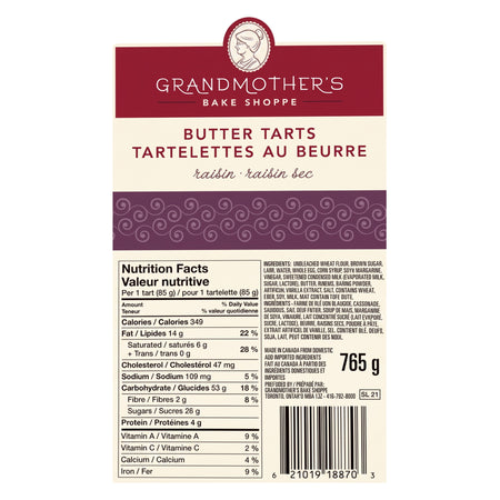 Grandmother's Bake Shoppe Raisin Butter Tarts nutrition facts label per serving