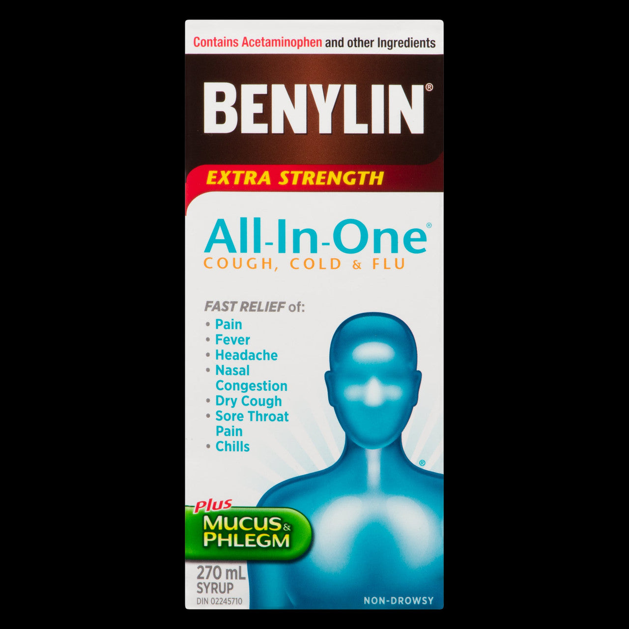 Benylin Extra Strength All-In-One Cough, Cold & Flu Syrup, 180mL/6.3 fl. oz. Bottle {Imported from Canada}