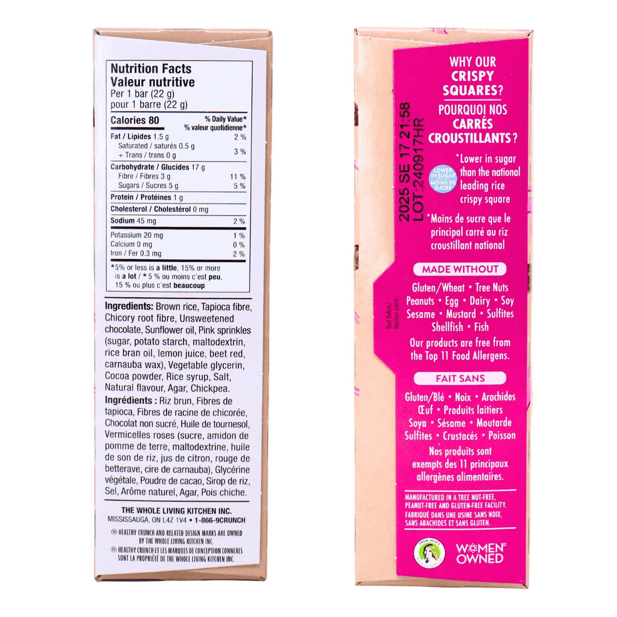 Nutrition facts label and product packaging for Healthy Crunch Barbie Chocolate Dream Crispy Squares, 132g/4.6 oz with pink and white design on a white background
